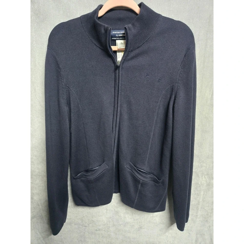 Lands' End American Airlines Navy Full Zip Mock Neck Cardigan Sweater Large